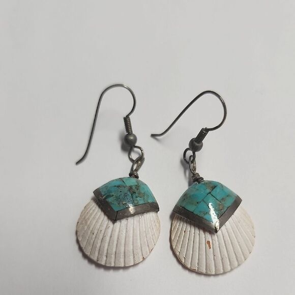 Turquoise and White Shell Earrings - Picture 2 of 5